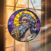 Warrior Acrylic Suncatcher, Round Medieval Knight with Shield and Dog Window Panel, Fantasy Gothic Stained Glass Style Home Decor Gift